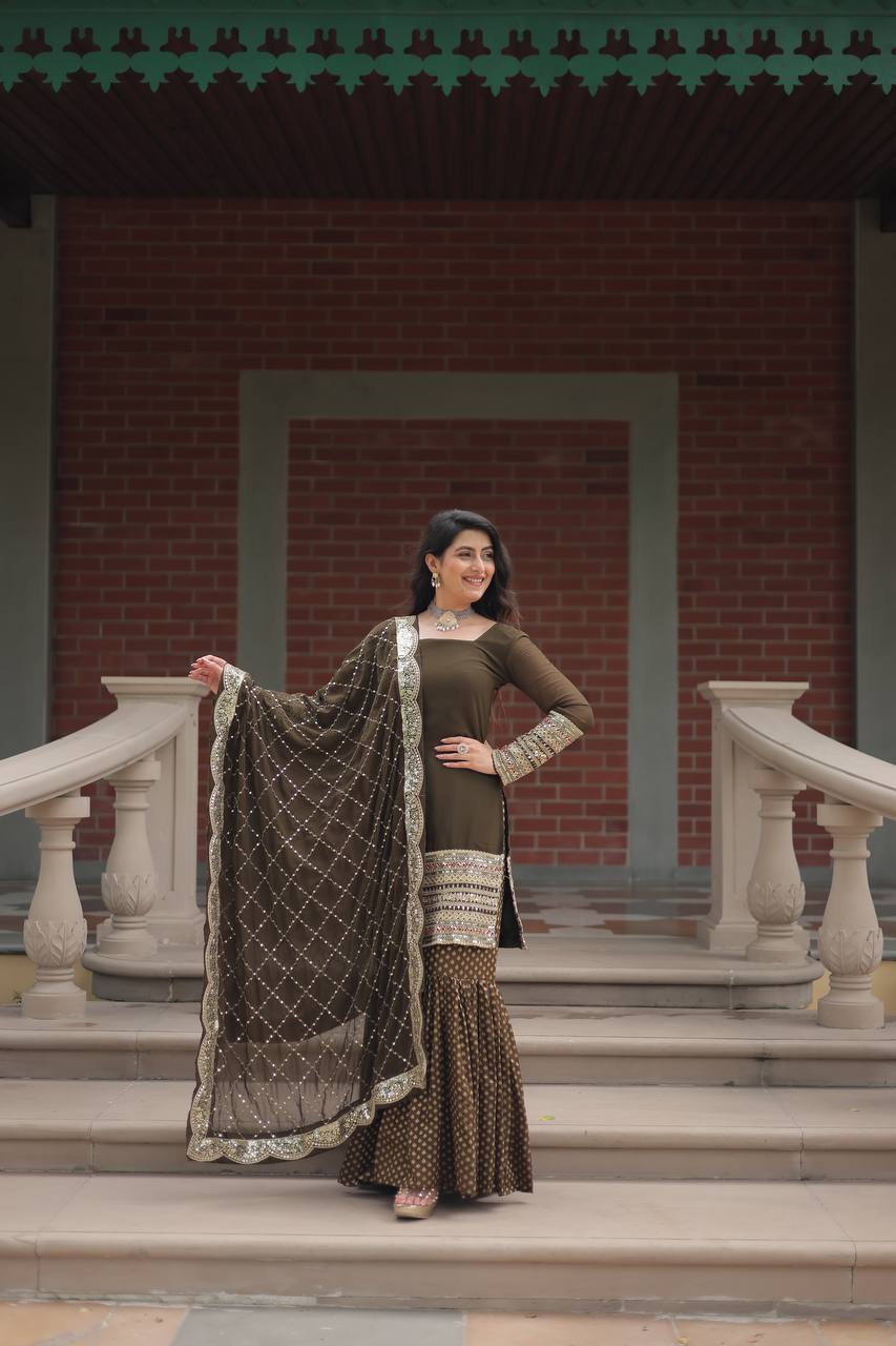 Decent Georgette Mehndi And Maroon Color Top With  Sharara Suit