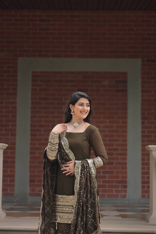 Decent Georgette Mehndi And Maroon Color Top With  Sharara Suit