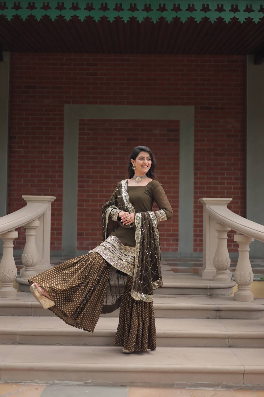 Decent Georgette Mehndi And Maroon Color Top With  Sharara Suit