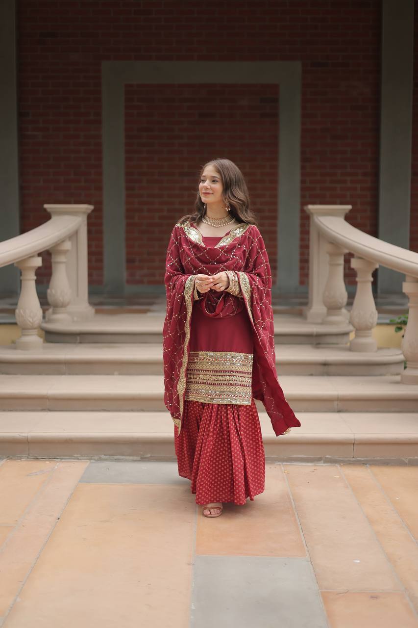 Decent Georgette Mehndi And Maroon Color Top With  Sharara Suit