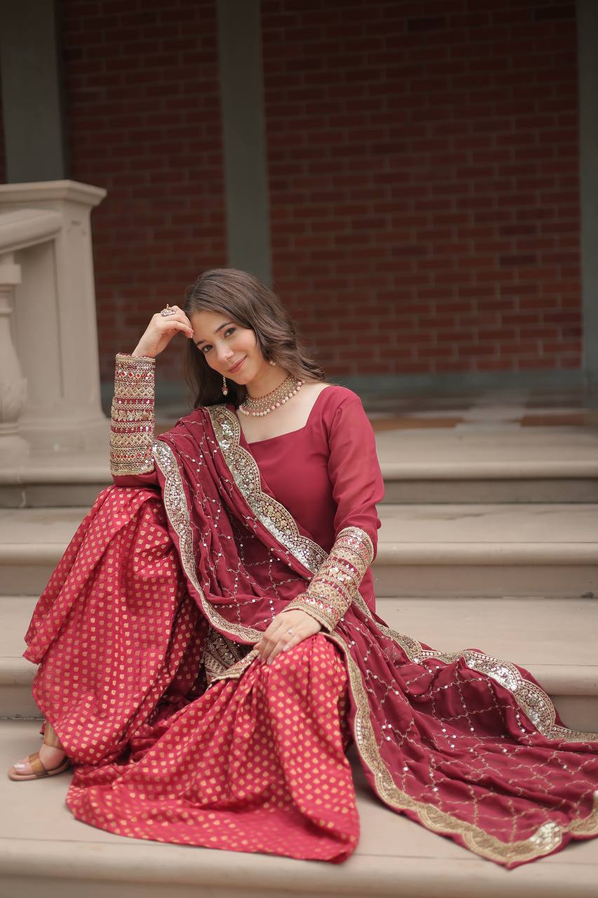 Decent Georgette Mehndi And Maroon Color Top With  Sharara Suit