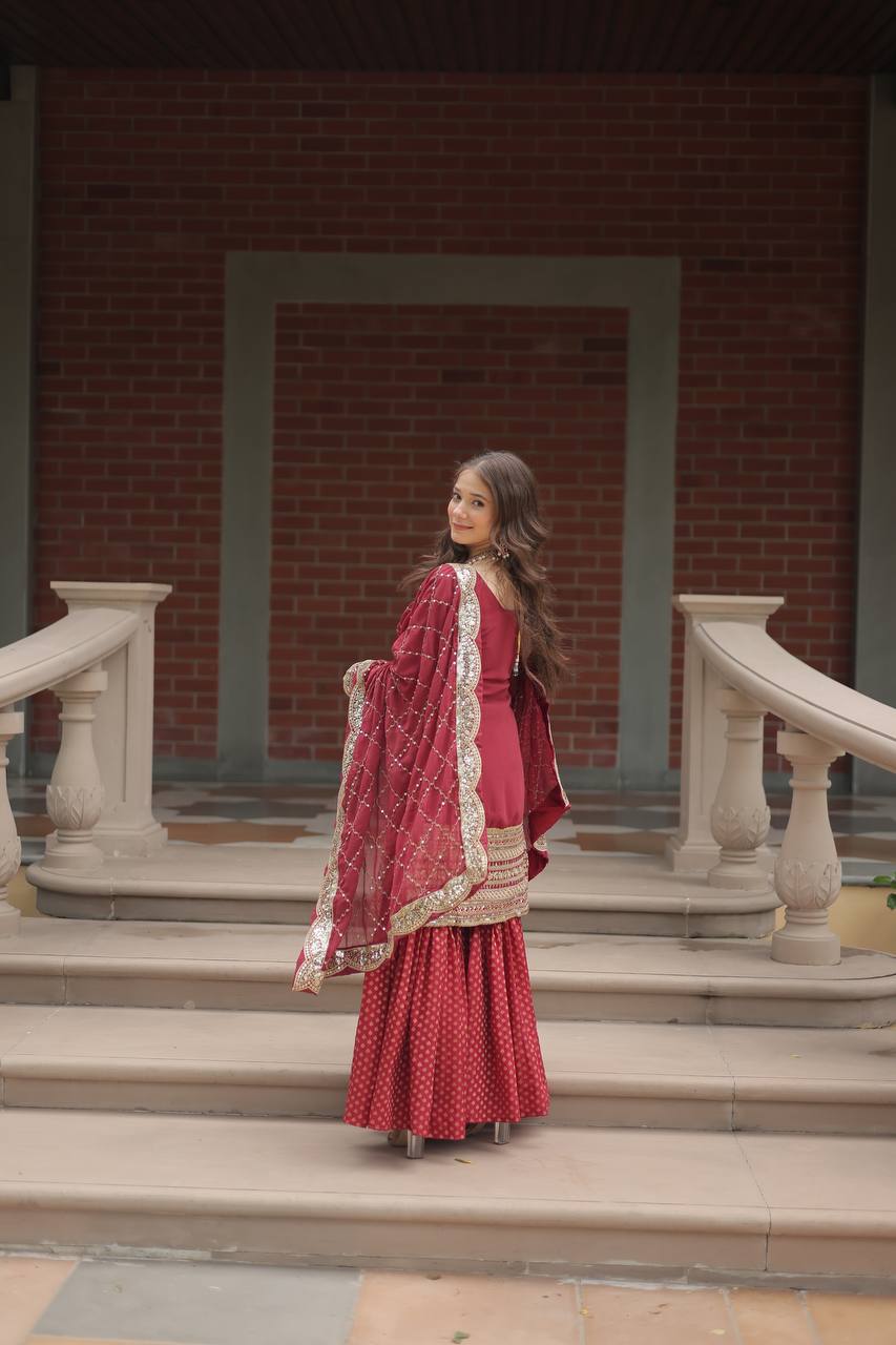 Decent Georgette Mehndi And Maroon Color Top With  Sharara Suit