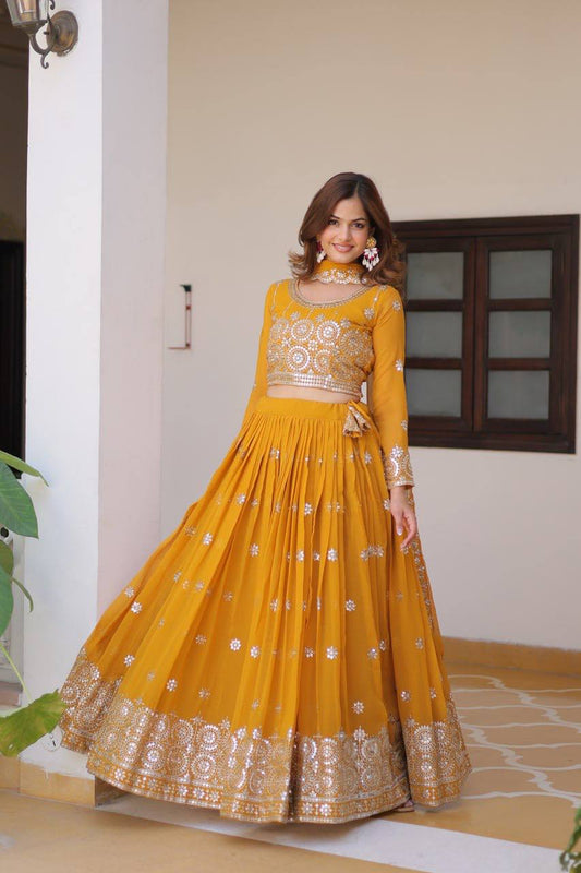 Eyes Catching Georgette Mustard & Mehndi Color Gown