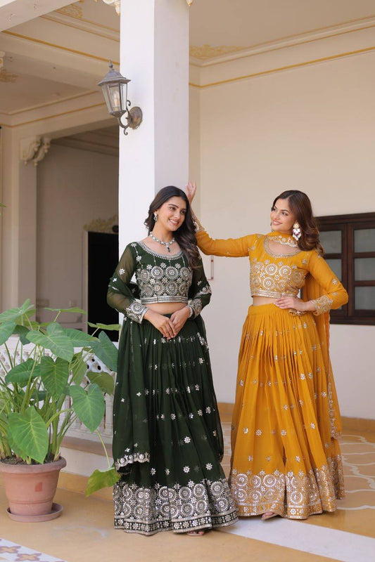 Eyes Catching Georgette Mustard & Mehndi Color Gown