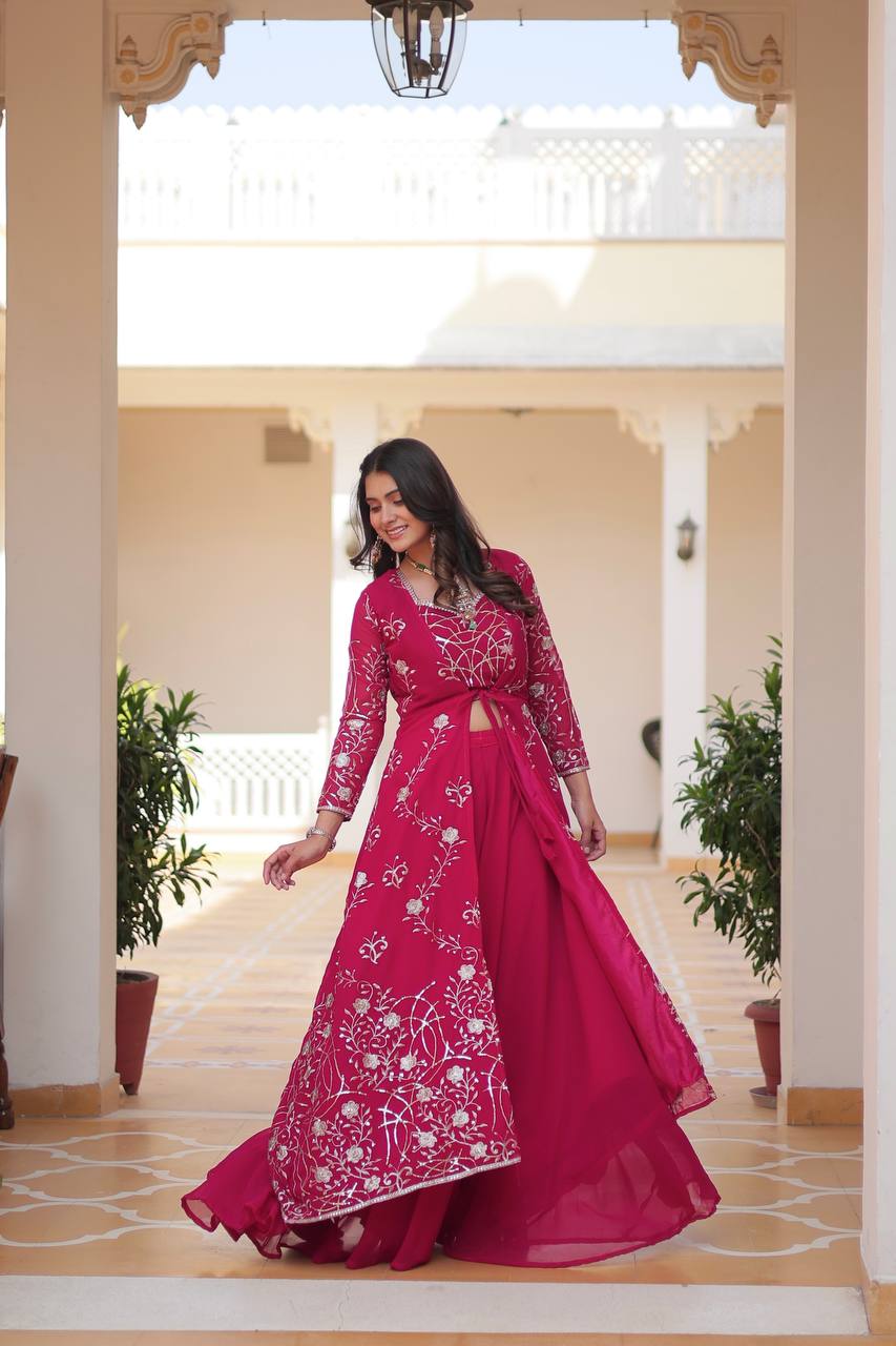 Blissful 3mm Embroidery Work Pink Color Lehenga With Shrug