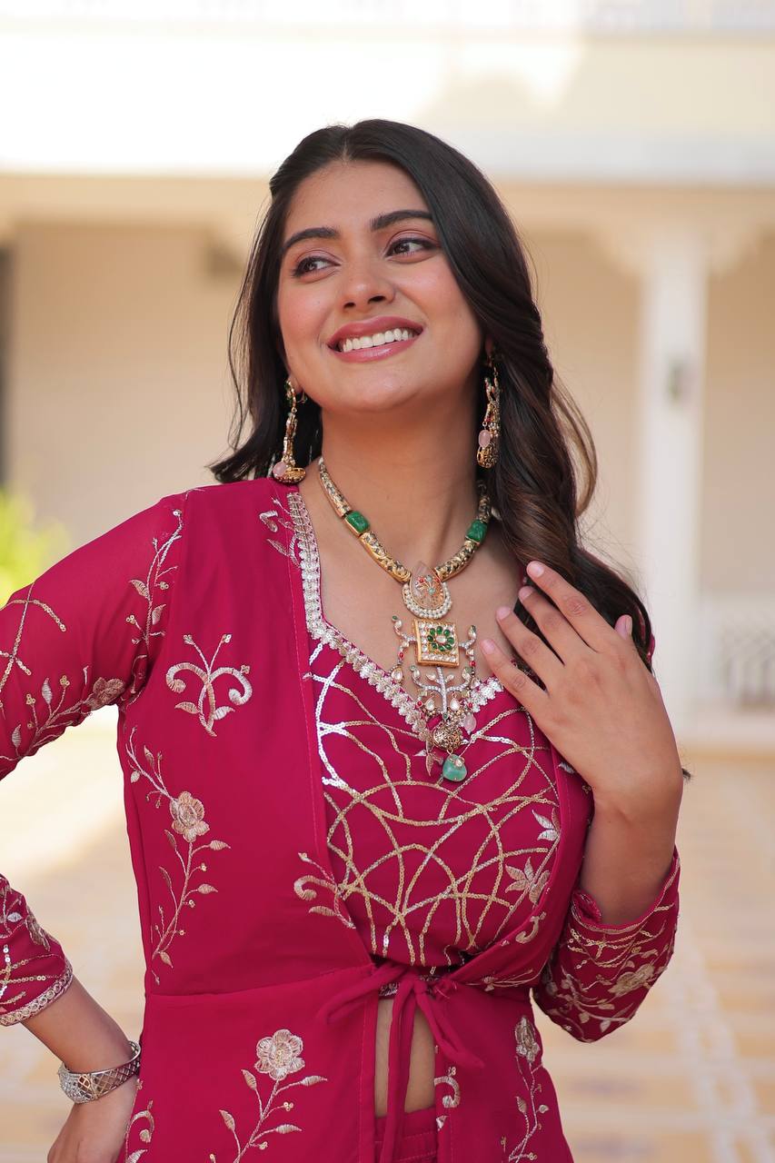 Blissful 3mm Embroidery Work Pink Color Lehenga With Shrug