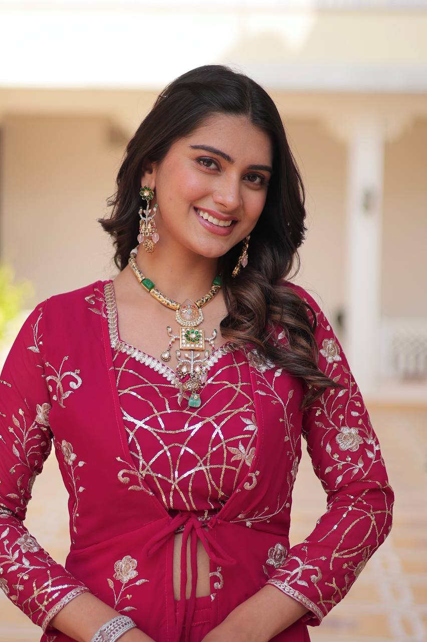 Blissful 3mm Embroidery Work Pink Color Lehenga With Shrug