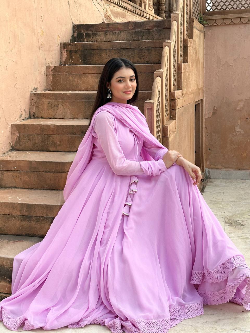 Beautiful Purple Color Embroidery Lace work Anrakali Gown