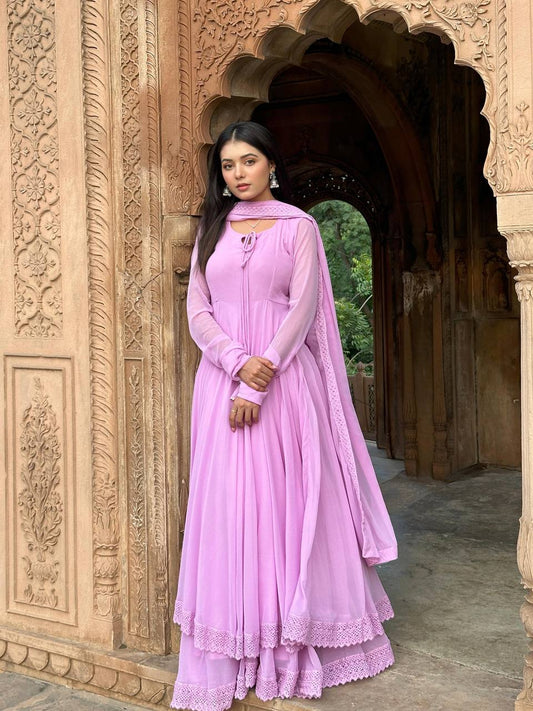 Beautiful Purple Color Embroidery Lace work Anrakali Gown