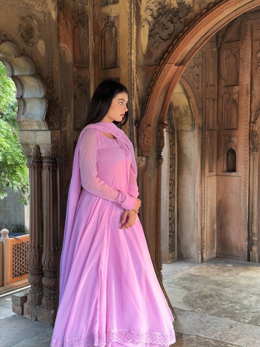 Beautiful Purple Color Embroidery Lace work Anrakali Gown