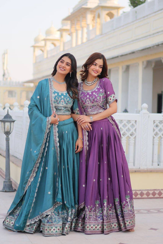 Flattering Pure Chinon Sky & Purple Color Lehenga Choli