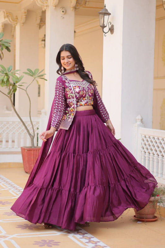 Marriage Special Chinon Wine & Teal Blue Color Lehenga Choli With Koti