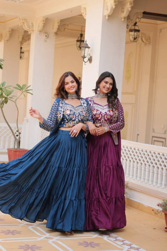 Marriage Special Chinon Wine & Teal Blue Color Lehenga Choli With Koti