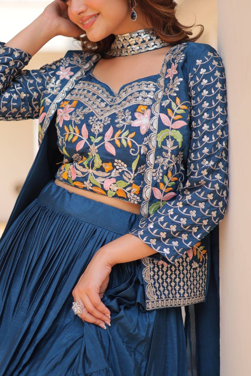 Marriage Special Chinon Wine & Teal Blue Color Lehenga Choli With Koti