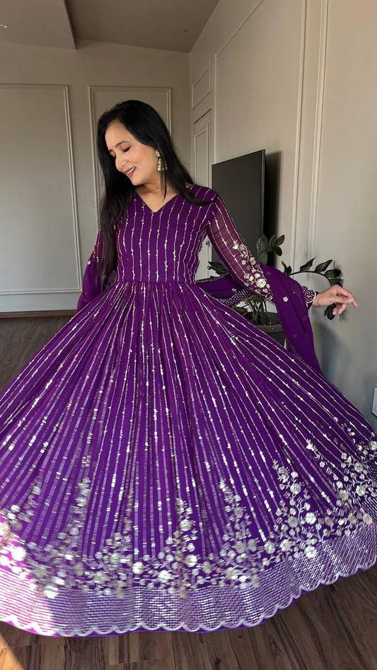 Delightful Embroidery Work Purple & Pink Color Gown