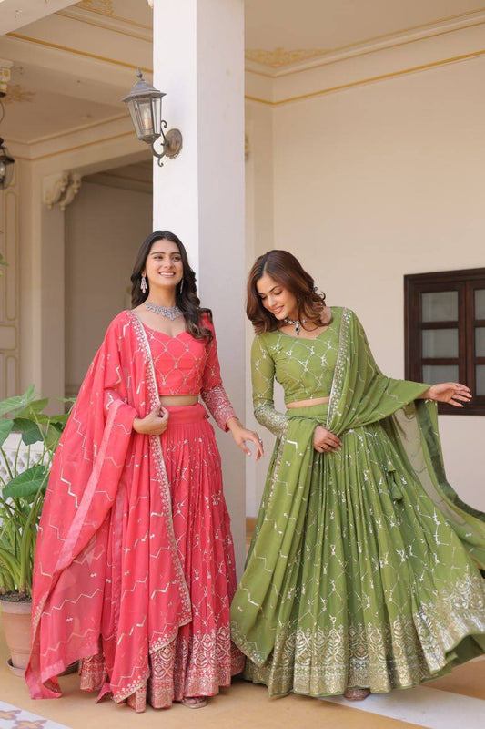 Lovely Perrot & Pink Color Georgette Lehenga Choli