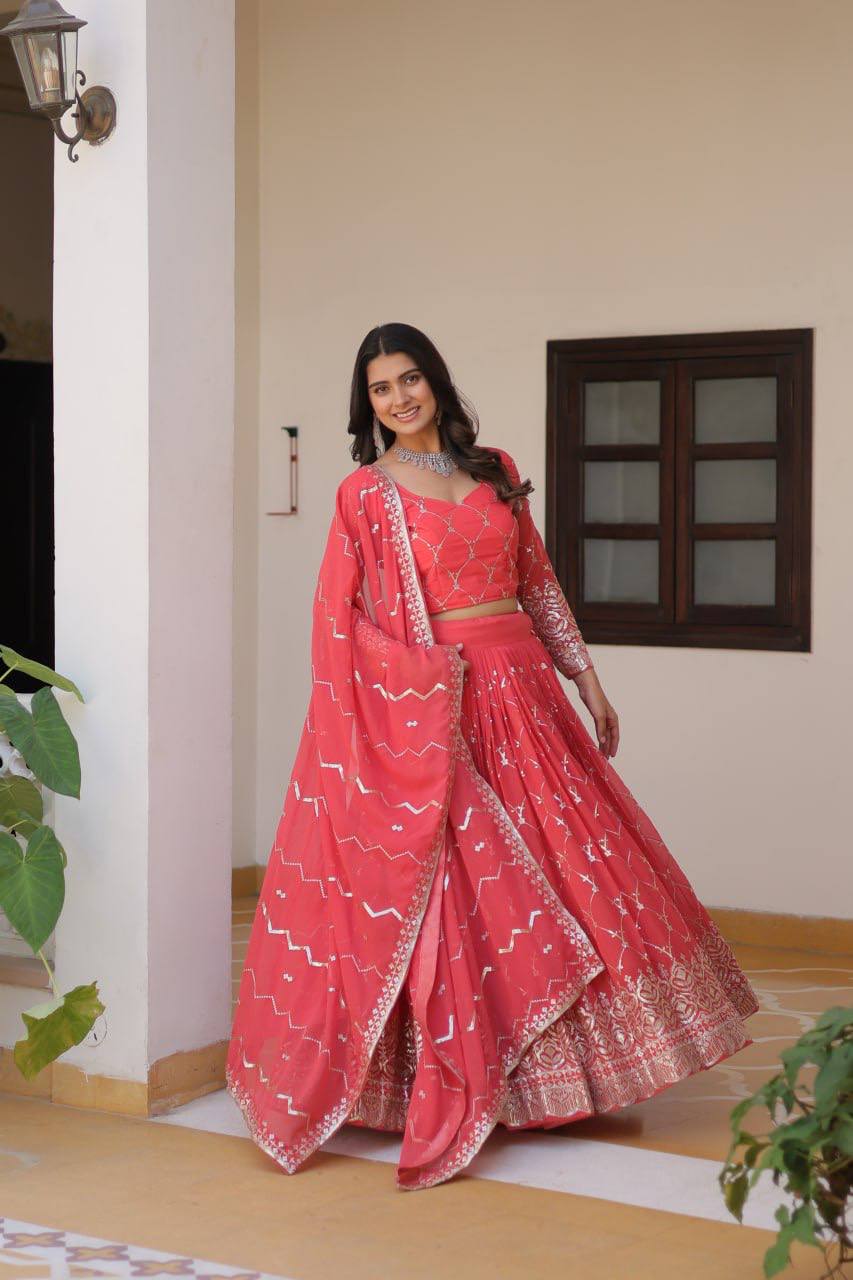 Lovely Perrot & Pink Color Georgette Lehenga Choli