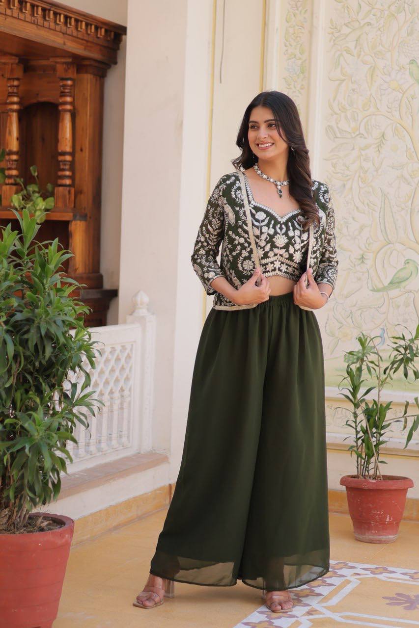 Alluring Georgette Mehndi & Wine Color Palazzo Suit With Koti