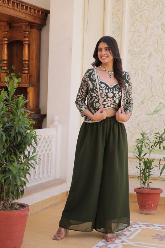 Alluring Georgette Mehndi & Wine Color Palazzo Suit With Koti
