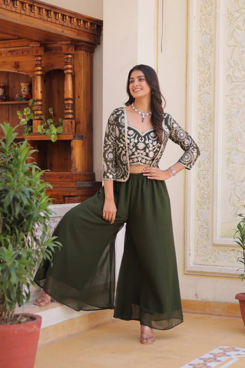 Alluring Georgette Mehndi & Wine Color Palazzo Suit With Koti