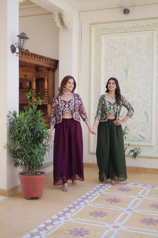 Alluring Georgette Mehndi & Wine Color Palazzo Suit With Koti