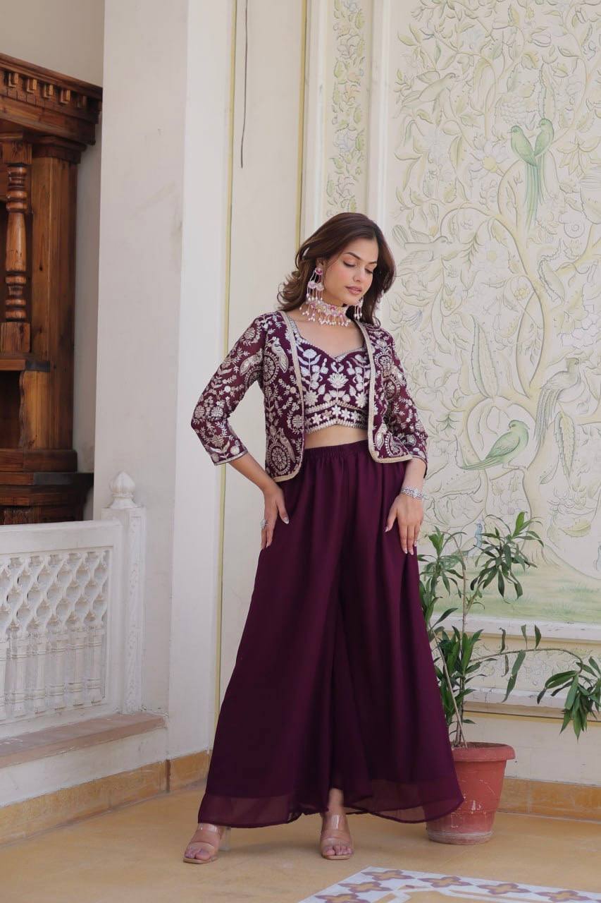 Alluring Georgette Mehndi & Wine Color Palazzo Suit With Koti