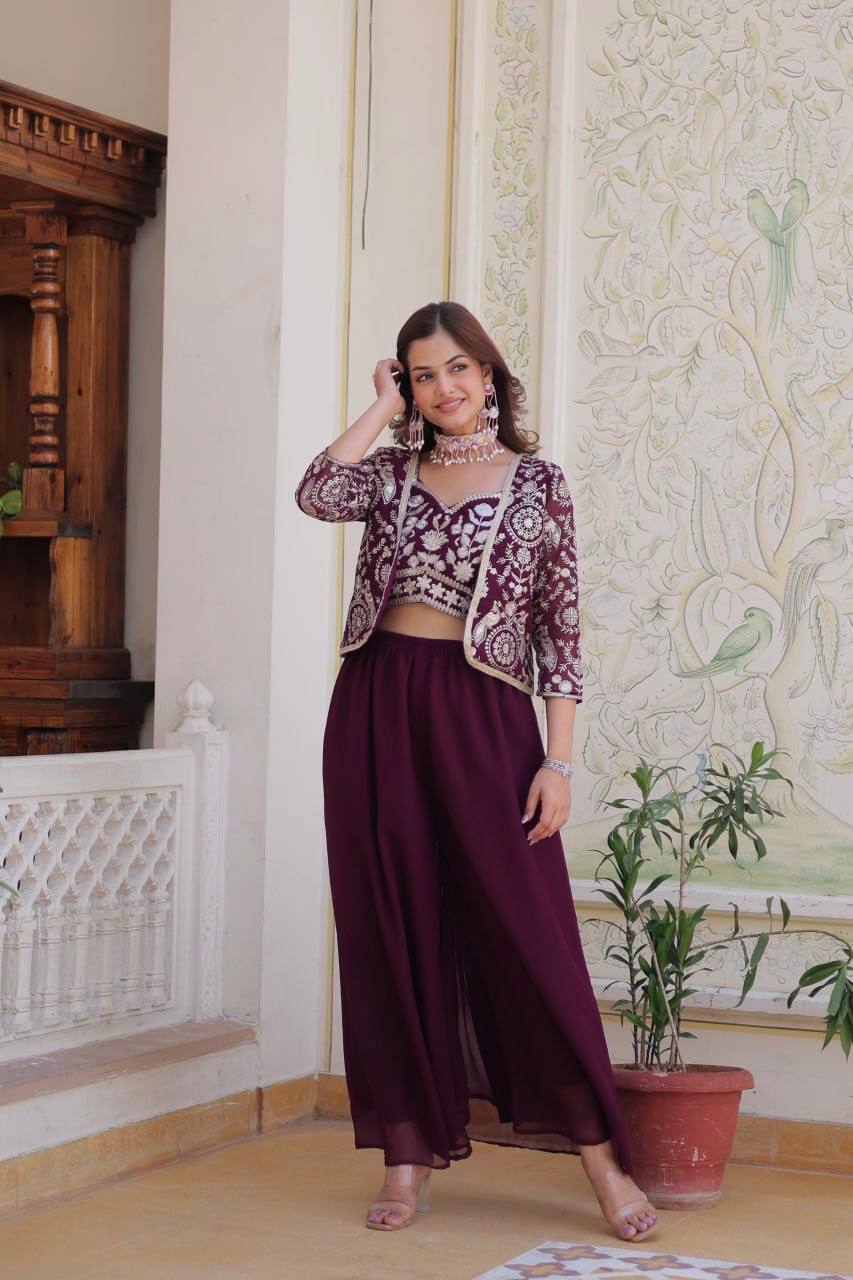 Alluring Georgette Mehndi & Wine Color Palazzo Suit With Koti