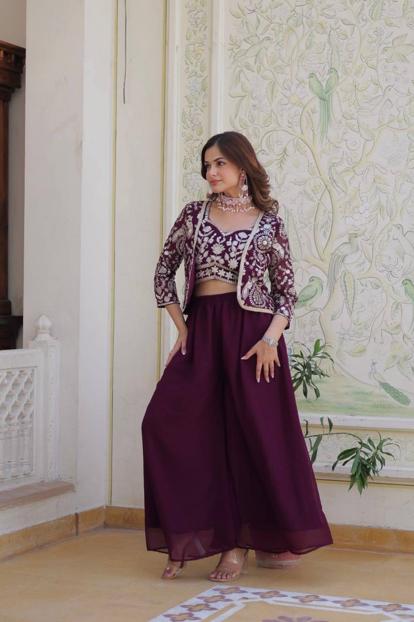 Alluring Georgette Mehndi & Wine Color Palazzo Suit With Koti