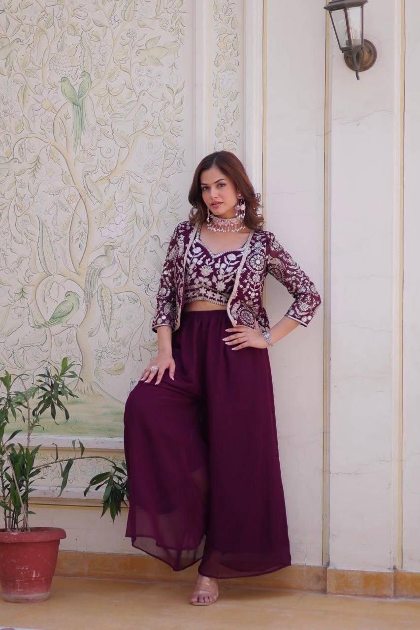 Alluring Georgette Mehndi & Wine Color Palazzo Suit With Koti