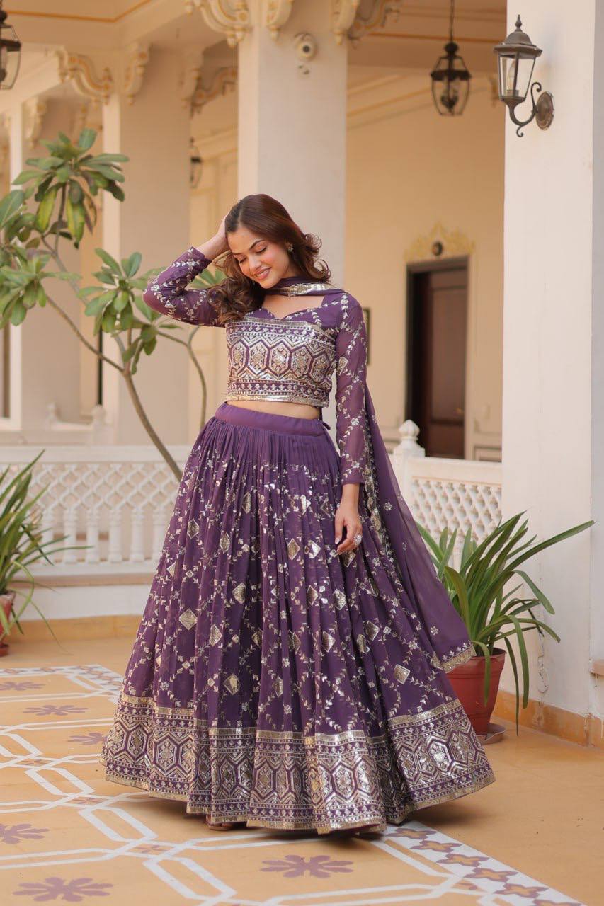 Admiring Embroidery Work Purple & Mehndi Color Lehenga Choli