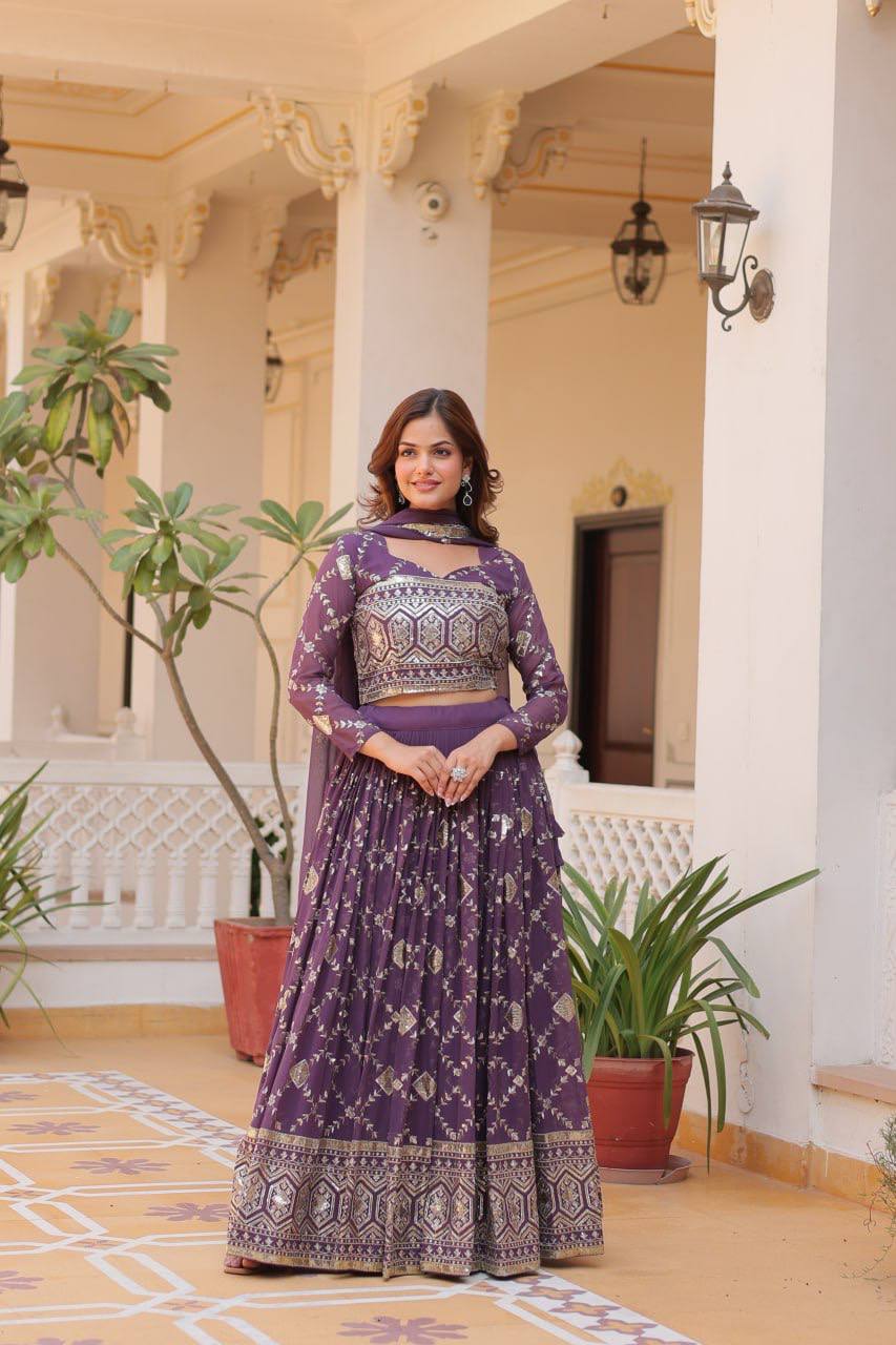 Admiring Embroidery Work Purple & Mehndi Color Lehenga Choli