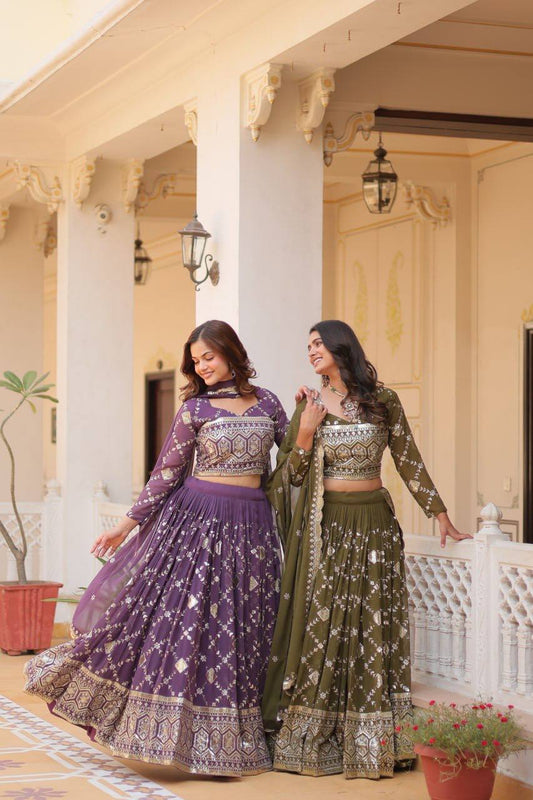 Admiring Embroidery Work Purple & Mehndi Color Lehenga Choli