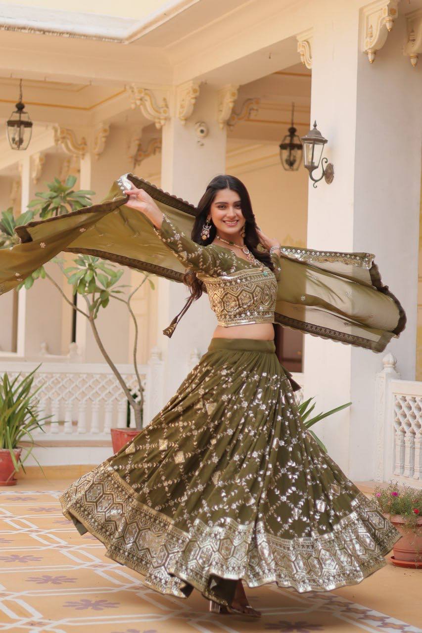 Admiring Embroidery Work Purple & Mehndi Color Lehenga Choli