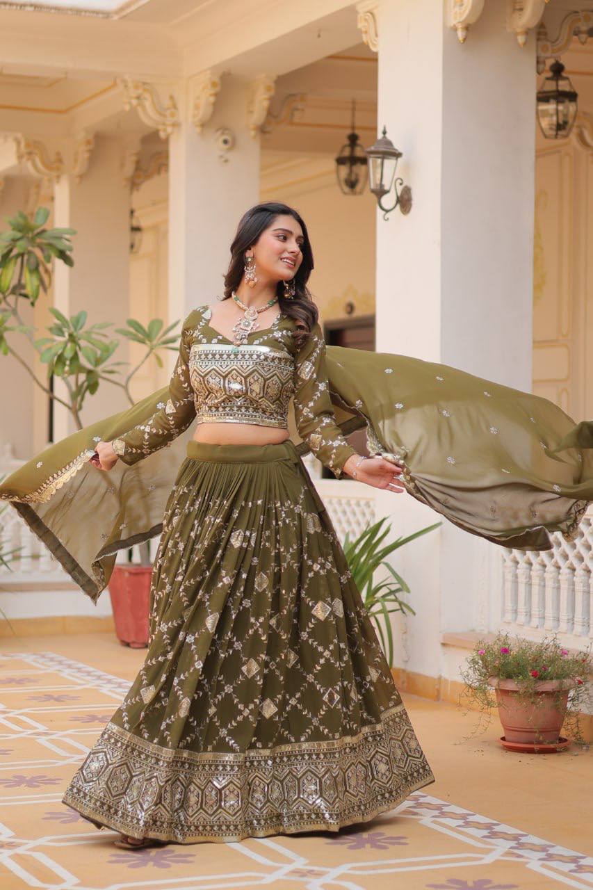 Admiring Embroidery Work Purple & Mehndi Color Lehenga Choli