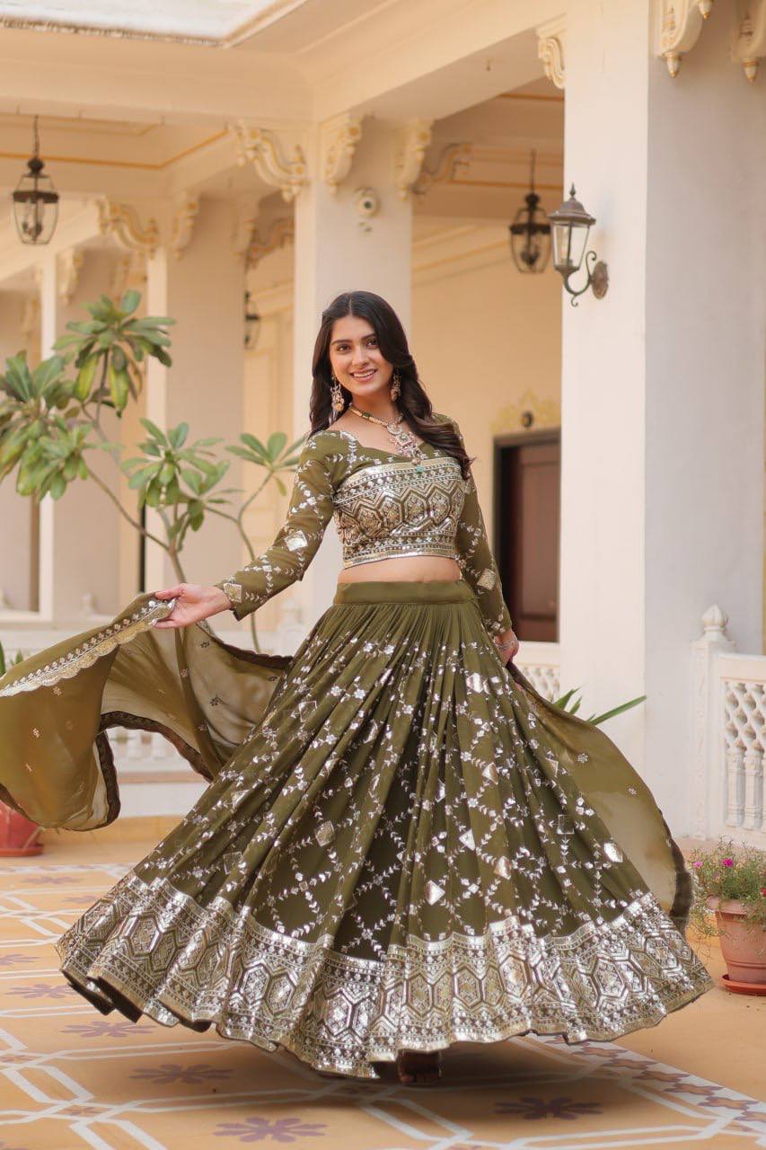 Admiring Embroidery Work Purple & Mehndi Color Lehenga Choli