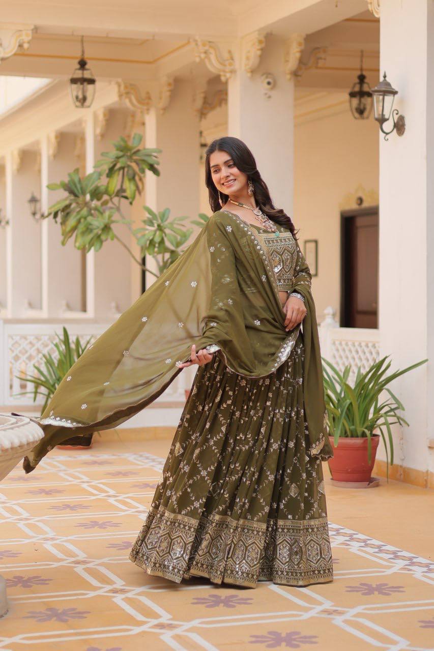 Admiring Embroidery Work Purple & Mehndi Color Lehenga Choli