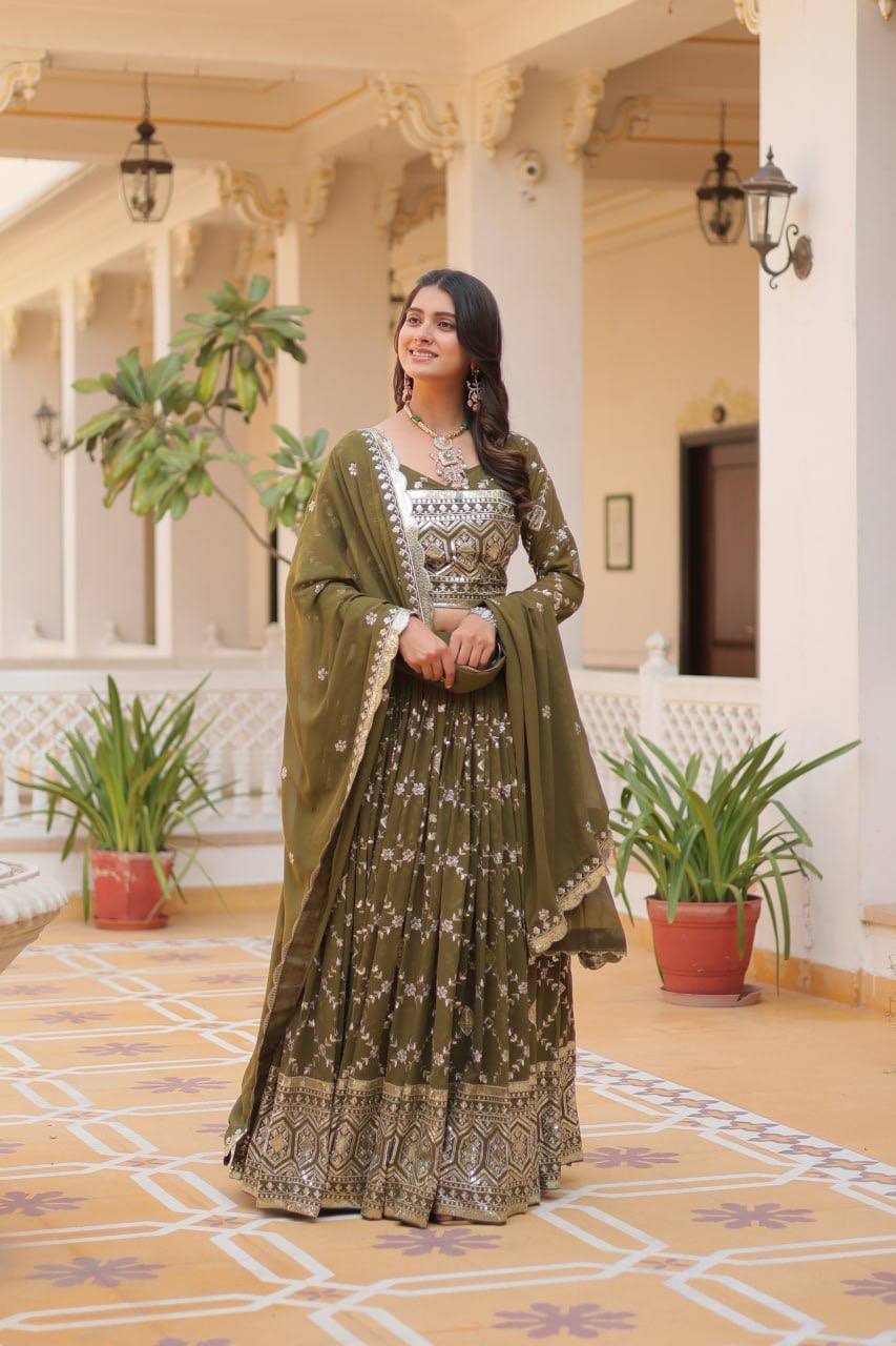 Admiring Embroidery Work Purple & Mehndi Color Lehenga Choli
