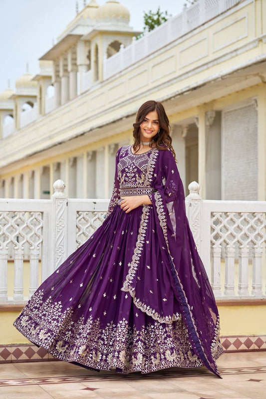 Imposing Sequence Work With Belt Purple & Brown Color Lehenga Choli