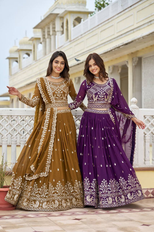 Imposing Sequence Work With Belt Purple & Brown Color Lehenga Choli
