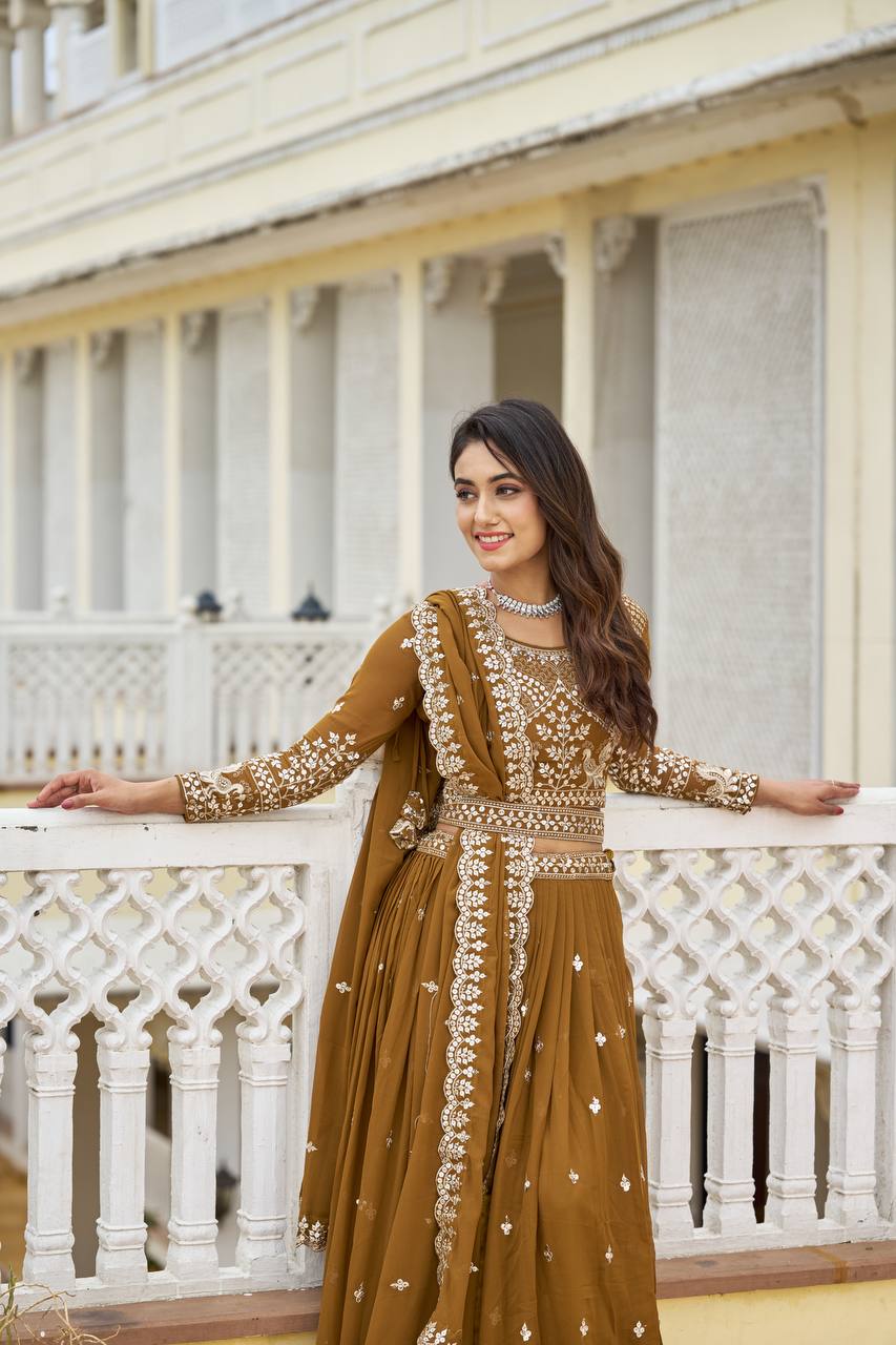 Imposing Sequence Work With Belt Purple & Brown Color Lehenga Choli