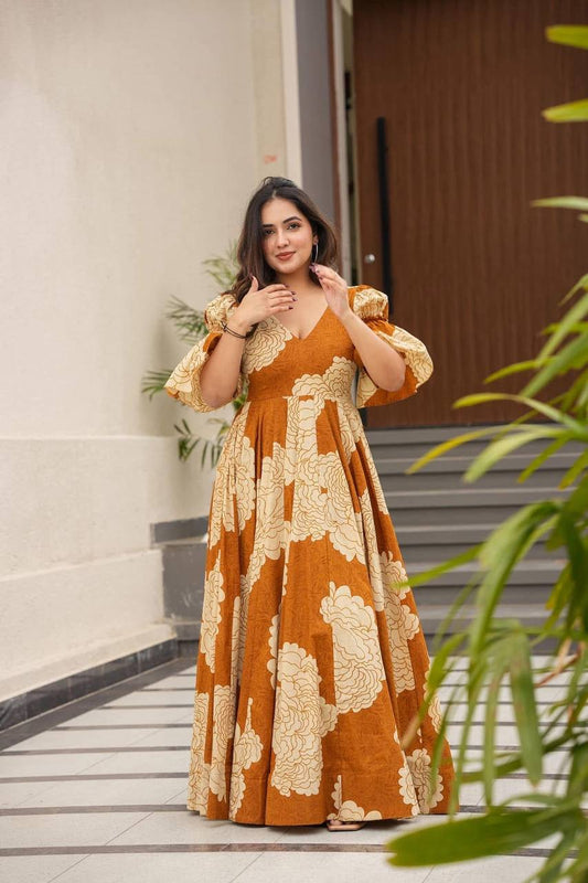 Stylish Digital Print Orange Color Gown TD-6045