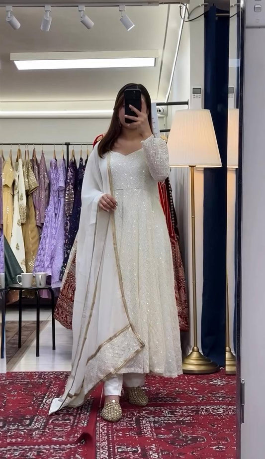 Stylish Sequins Work White Color Gown TD-6048