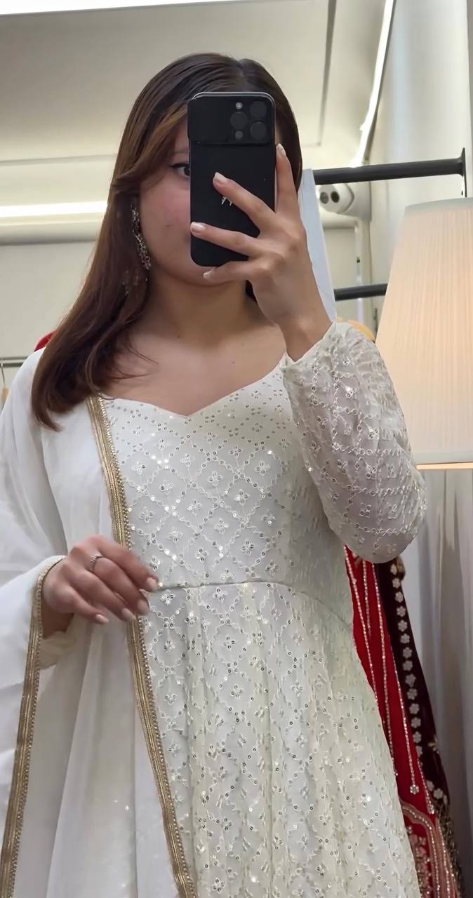 Stylish Sequins Work White Color Gown TD-6048