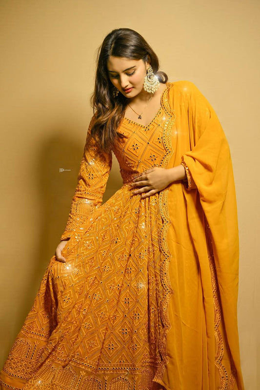 Glimmering Sequins Work Mustard Color Gown TD-6042