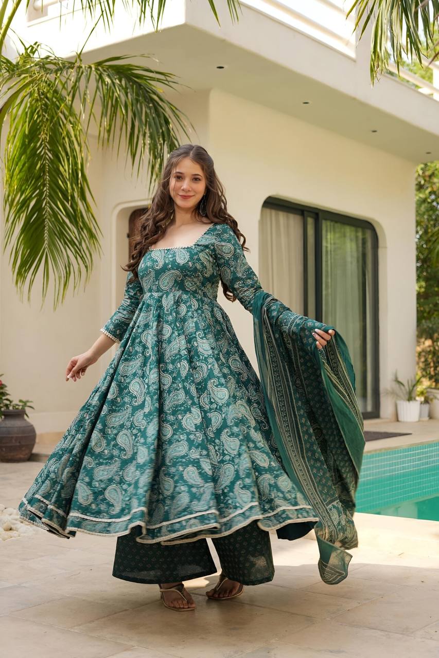 Adorable Green Color Digital Print Gown With Dupatta TD-6043