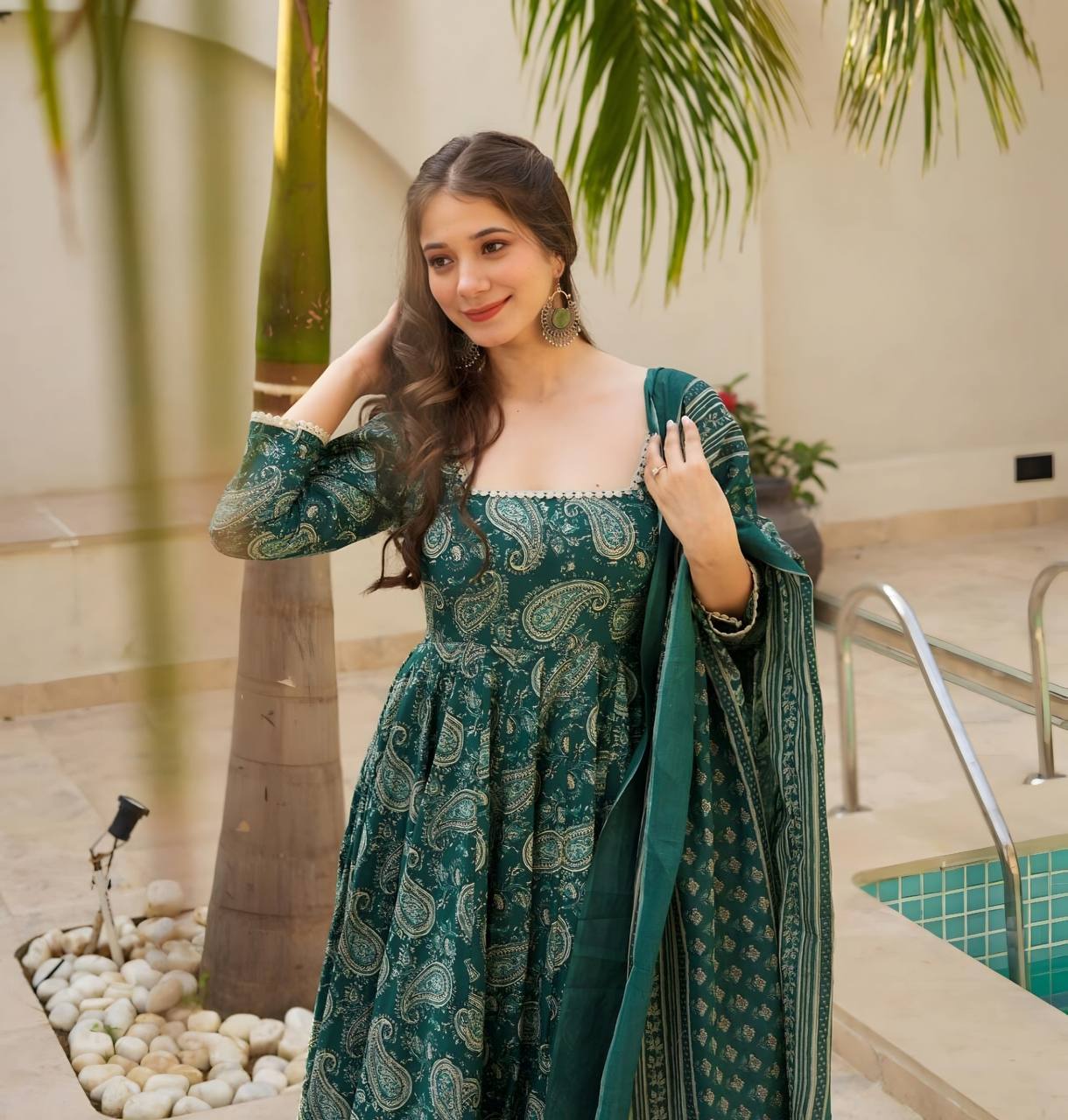 Adorable Green Color Digital Print Gown With Dupatta TD-6043