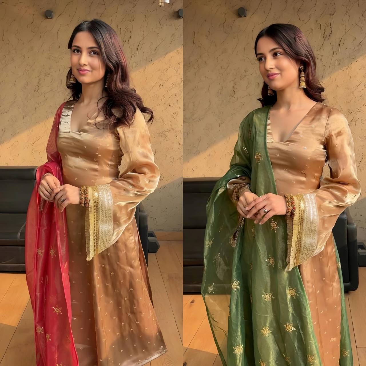 Peaceful Zimmy Choo Beige Color Red & Green Dupatta Gown TD-6054