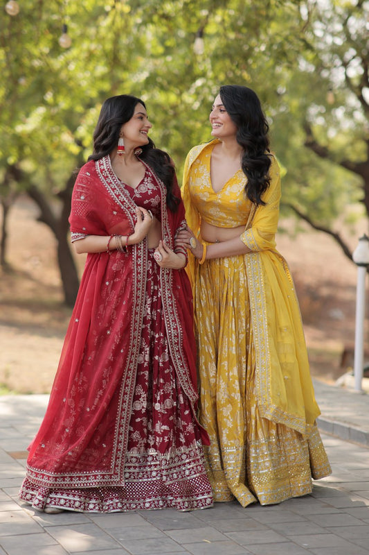 Weeding Wear Yellow And Maroon Color Jacquard Sequence Work Lehenga Choli