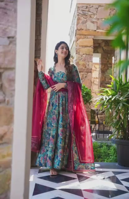 Fantastic Digital Print Teal Blue Multi Color Anarkali Suit TD-6030