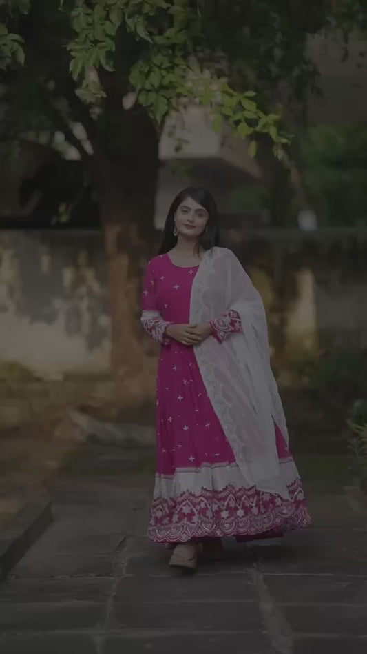 Wonderful Georgette Pink Color Embroidery Work Gown TD-6040